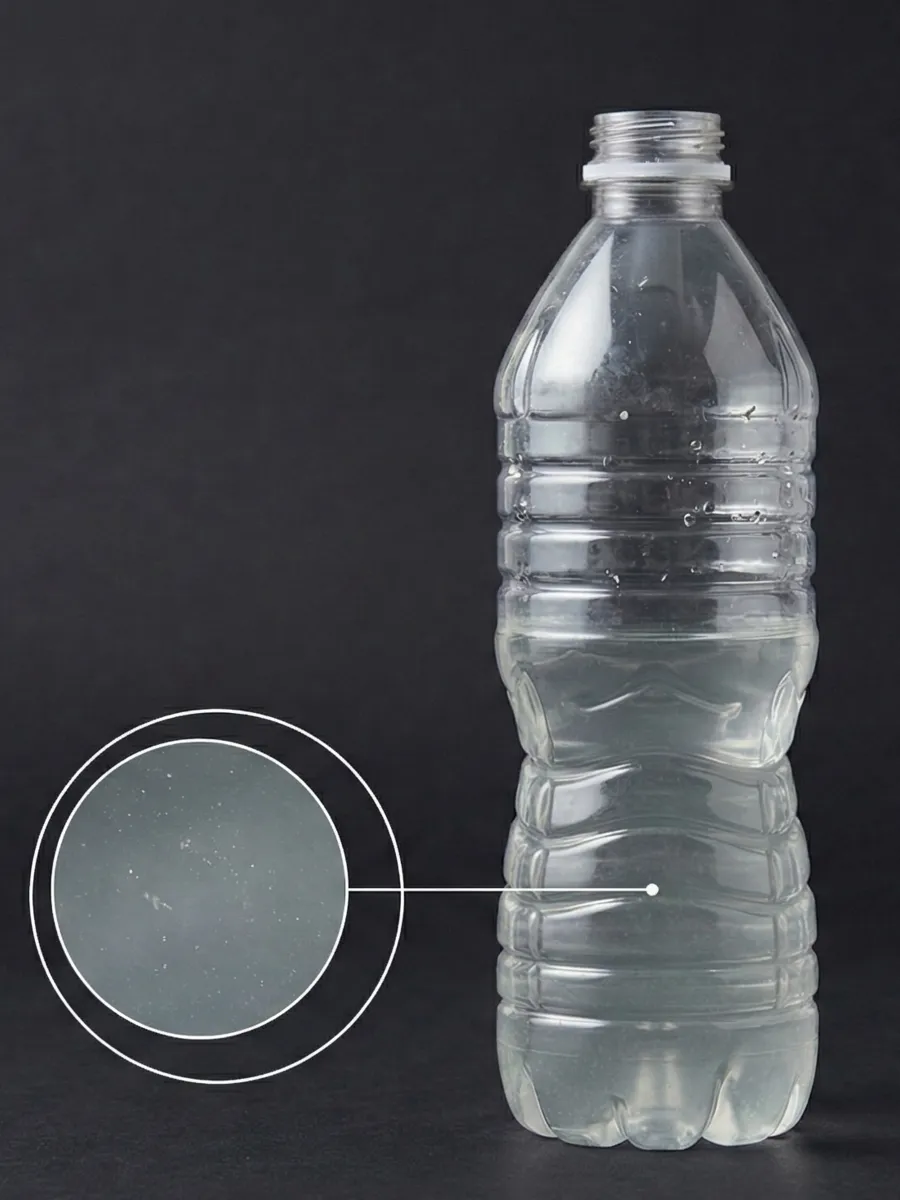 Standard plastic water bottle with microscopic plastic particles visible in magnification